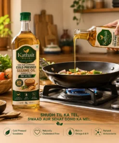 Kathait Gold cold pressed sesame oil being poured into a pan for cooking with fresh vegetables and sesame seeds