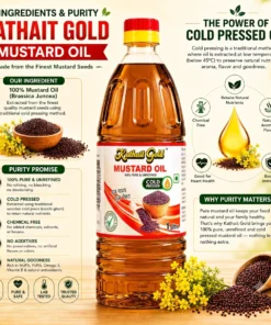 Infographic for Kathait Gold 1 litre cold pressed mustard oil detailing 100% Brassica Juncea ingredients and chemical-free purity promise.