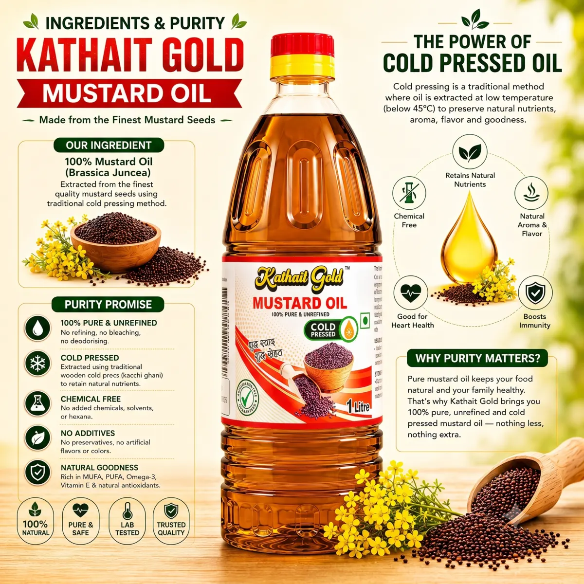 Infographic for Kathait Gold 1 litre cold pressed mustard oil detailing 100% Brassica Juncea ingredients and chemical-free purity promise.