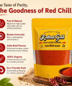 Health benefits of Kathait Gold Red Chilli Powder highlighting immunity boost, 100 percent organic, bold flavour, and eco-friendly packaging