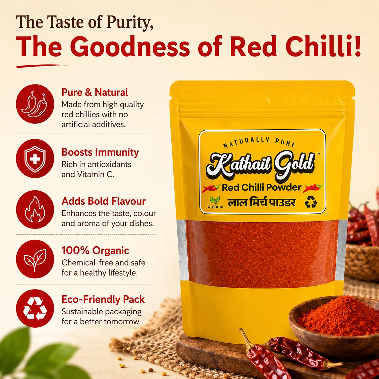 Health benefits of Kathait Gold Red Chilli Powder highlighting immunity boost, 100 percent organic, bold flavour, and eco-friendly packaging