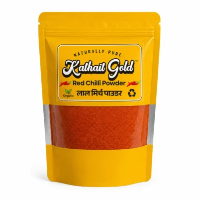 Kathait Gold Red Chilli Powder pouch with pure organic ground lal mirch powder