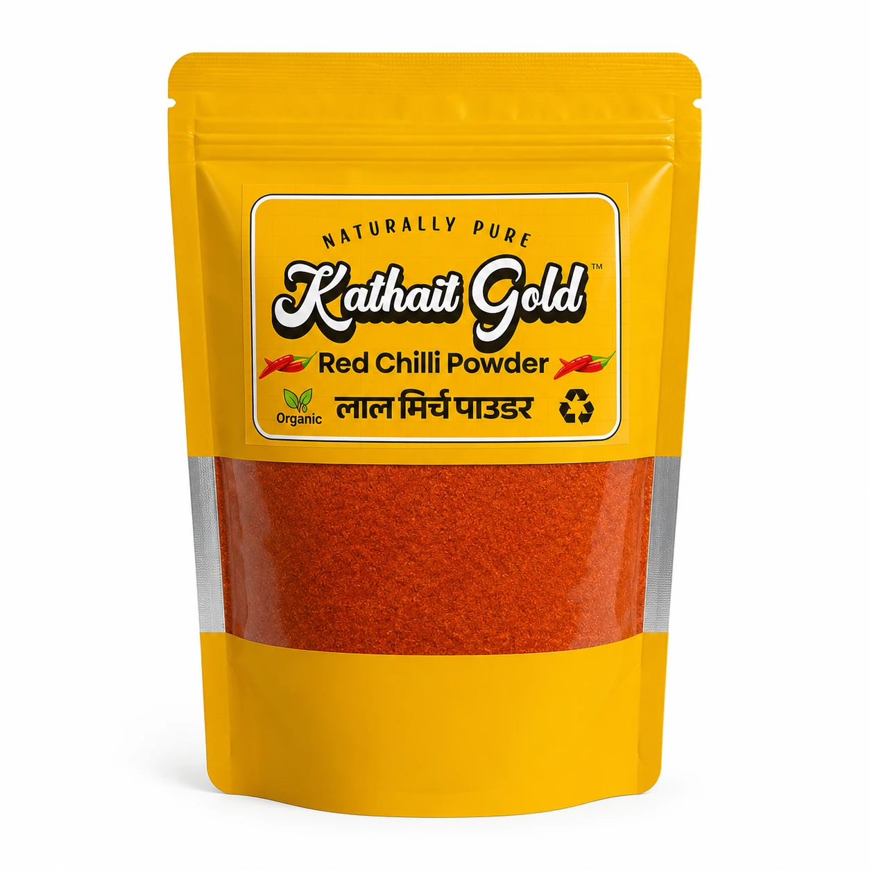 Kathait Gold Red Chilli Powder pouch with pure organic ground lal mirch powder