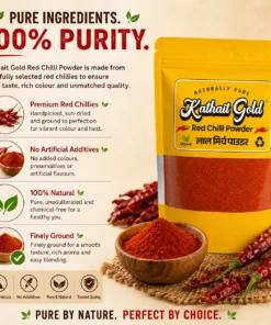 Features of Kathait Gold Red Chilli Powder highlighting 100 percent purity, sun dried chillies, and no artificial additives
