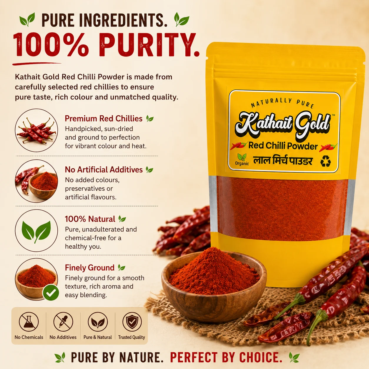Features of Kathait Gold Red Chilli Powder highlighting 100 percent purity, sun dried chillies, and no artificial additives