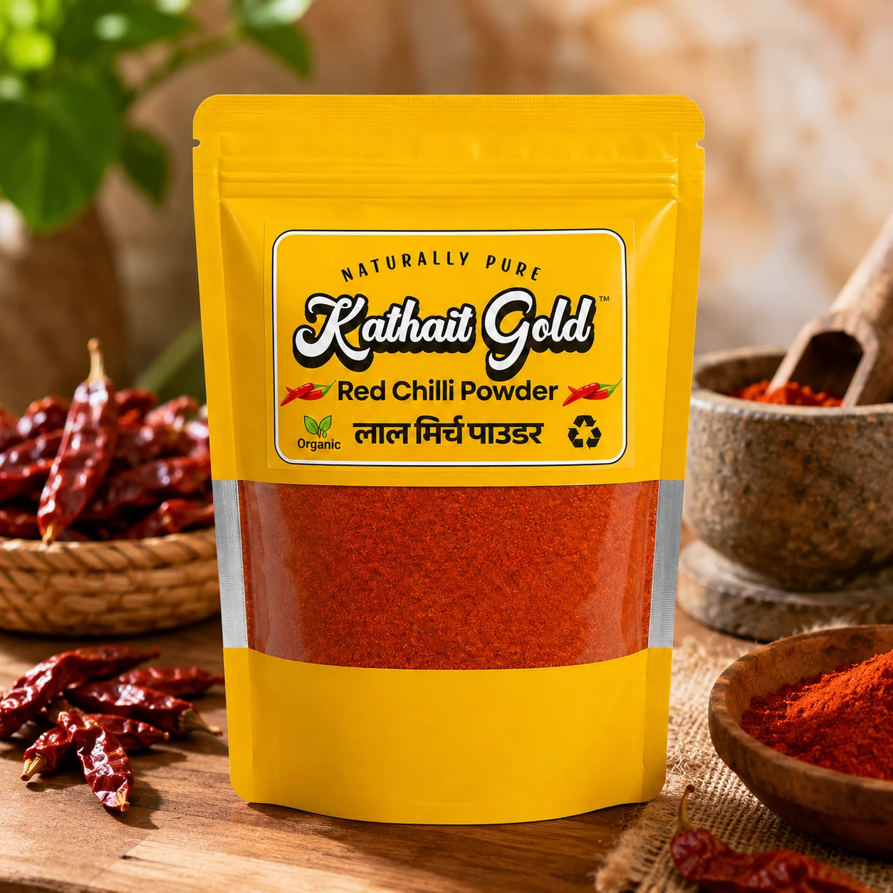 Kathait Gold Red Chilli Powder pouch placed on a wooden table with whole red chillies and ground spice bowl