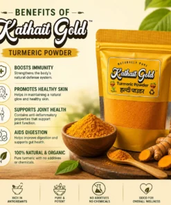 Kathait Gold turmeric powder with an infographic showing natural turmeric benefits for immunity, skin, joints and digestion