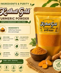 Kathait Gold Turmeric Powder with 100% pure turmeric, ingredient and purity information, no additives, natural color and non-GMO sourcing