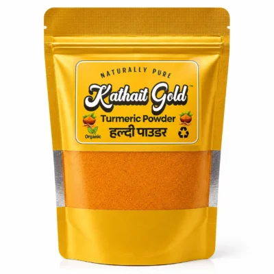 Kathait Gold Turmeric Powder pack in premium gold packaging with haldi powder visible through the transparent pouch .Kathait Gold Pure Turmeric Powder