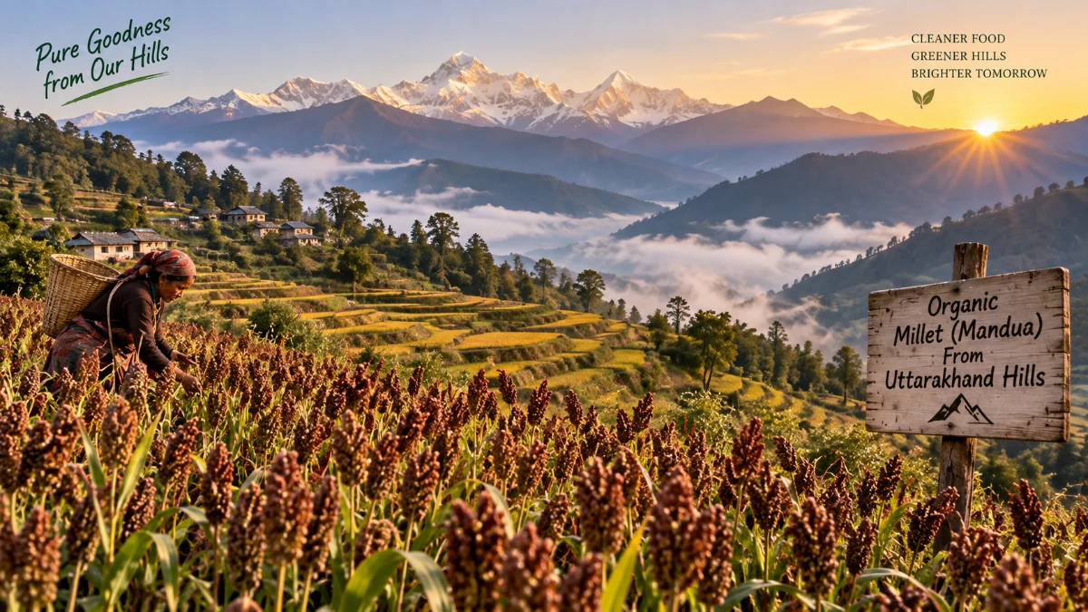 उत्तराखंड के हिमालयी सीढ़ीदार खेतों में जैविक मंडुआ (रागी) की पारंपरिक खेती और कटाई
