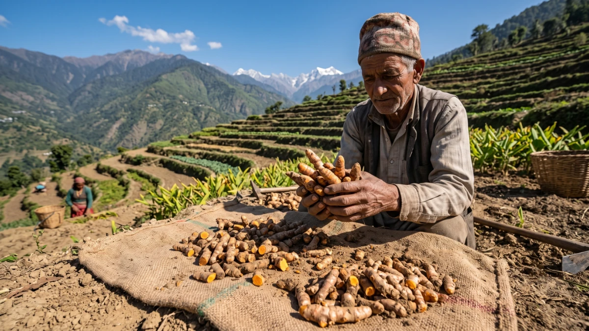 Uttarakhand mountain farmer sorting raw Pahadi turmeric rhizomes in high-altitude Himalayan terraced fields