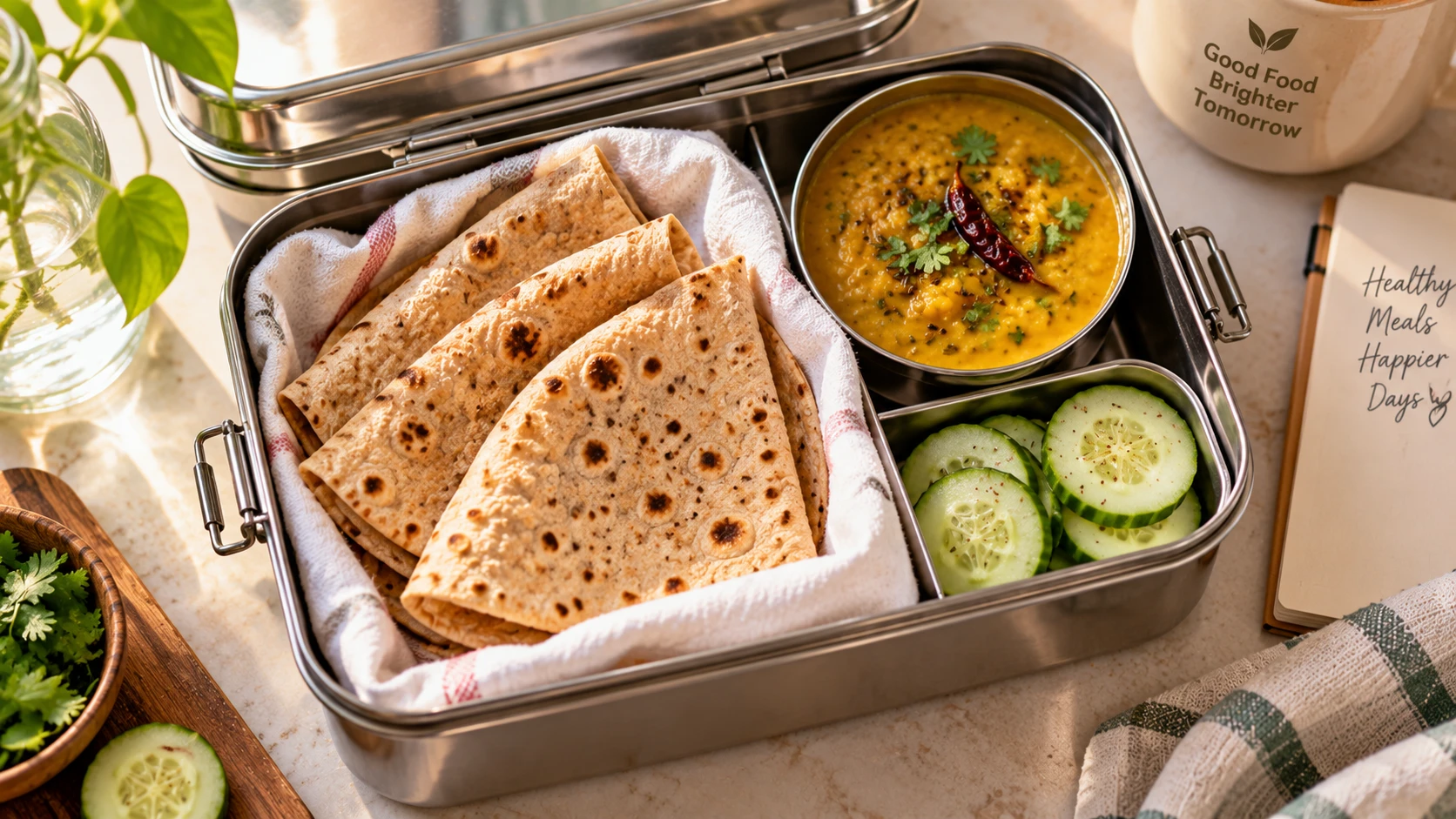 Soft pliable whole wheat rotis wrapped in a clean cotton napkin for lunchbox storage
