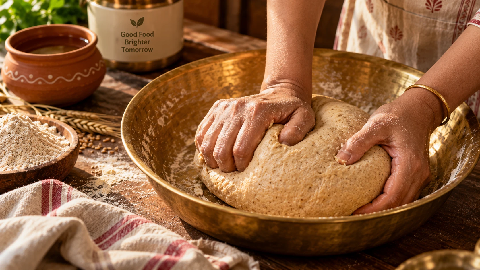 Kneading smooth elastic whole wheat dough with lukewarm water for soft rotis