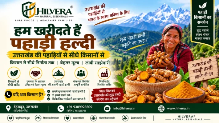 उत्तराखंड की पहाड़ी महिला किसान हाथ में कच्ची हल्दी लिए हुए साथ में शुद्ध पिसी हल्दी पाउडर और हिमालय - हिलवेरा देहरादून